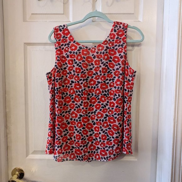 Blue and Red Floral Poppy Sheer Ruffle sleeveless blouse - Picture 7 of 10